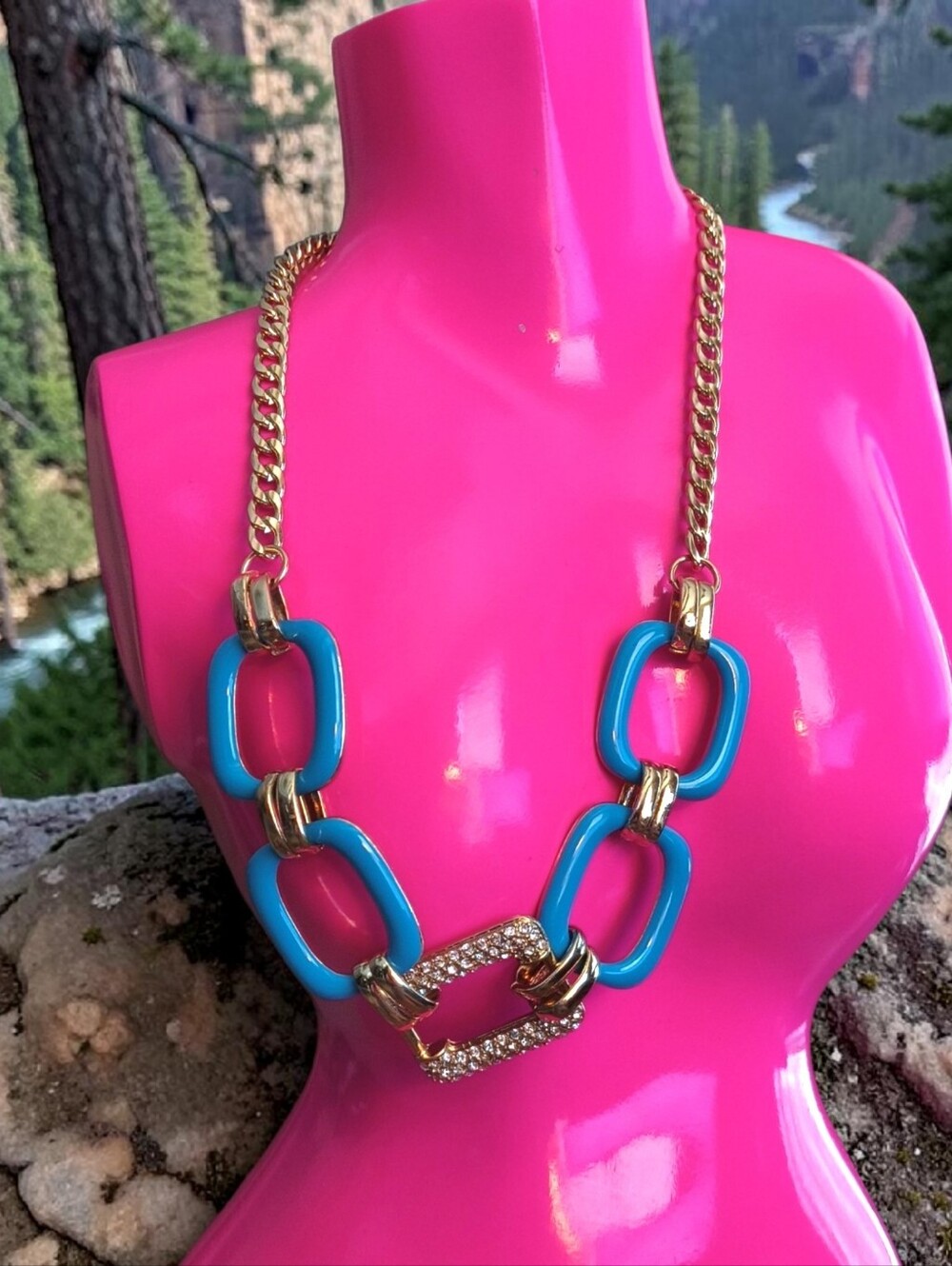 Gold Chain Necklace with Turquoise Links and Pave Accent
